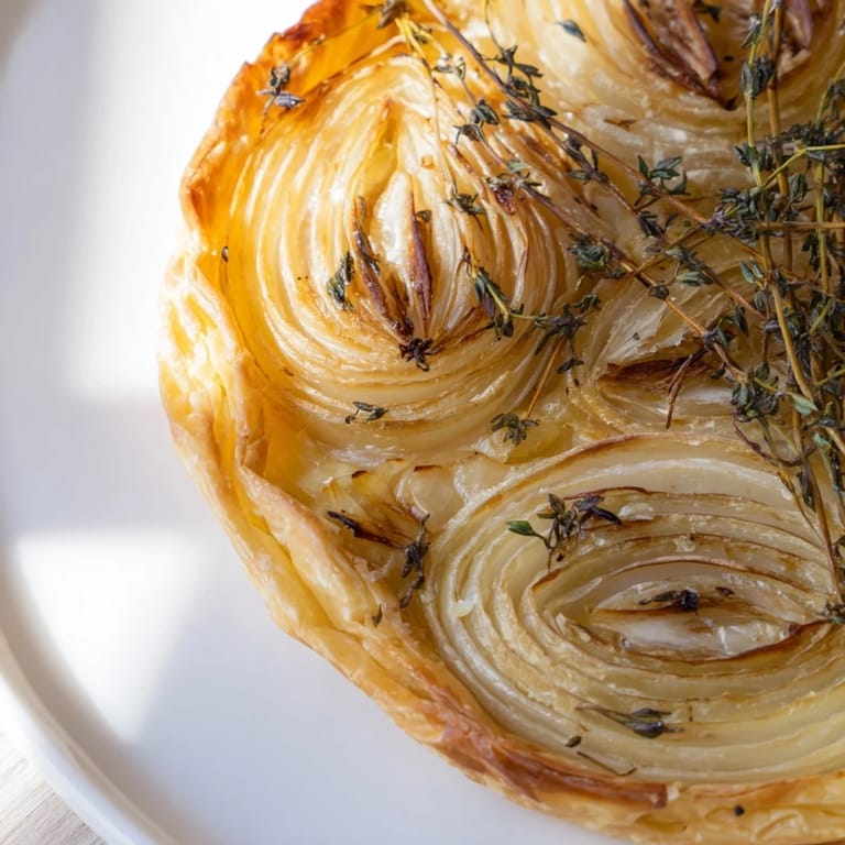 Warm, savory Tarte Fine with Onions & Thyme, topped with fresh thyme, ready for serving.