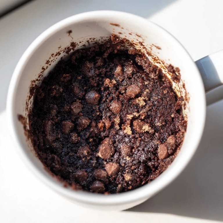 A steaming, single-serving mug cake Schokolade with a glistening chocolatey surface.
