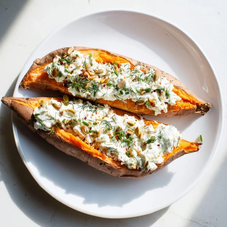 Close-up of a warm Oven-Baked Sweet Potato, topped with cottage cheese and herbs, perfect flavorful lunch.