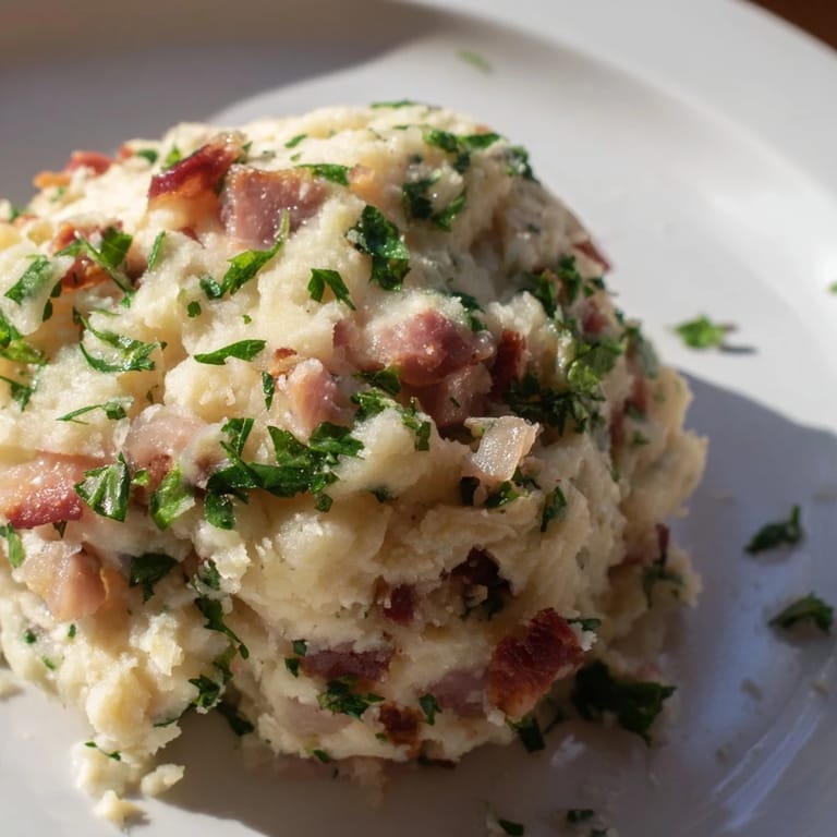 A close-up of fluffy German Bread & Bacon Dumplings, featuring crispy bacon pieces and fresh parsley.