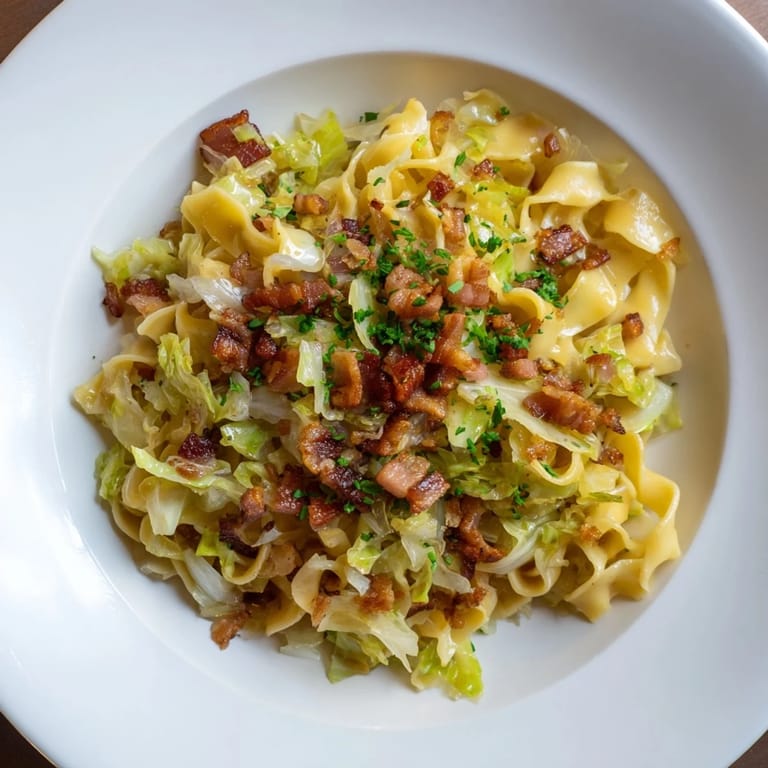 Golden-brown cabbage and savory bacon star in this delicious German Fried Bacon Cabbage Noodles main dish.