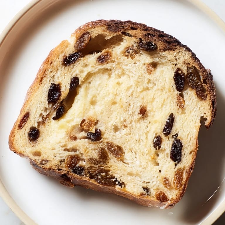 A close-up of a freshly baked Old-Fashioned German Raisin Bread loaf with visible, plump raisins.