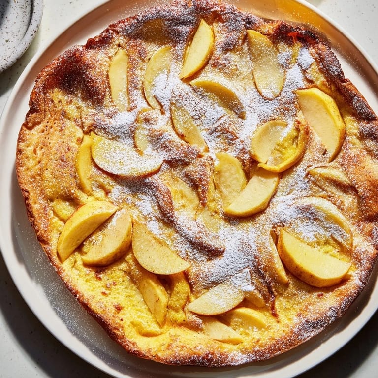 Freshly cooked German apple pancakes, sweet apples visible, dusted with powdered sugar, ready to eat.