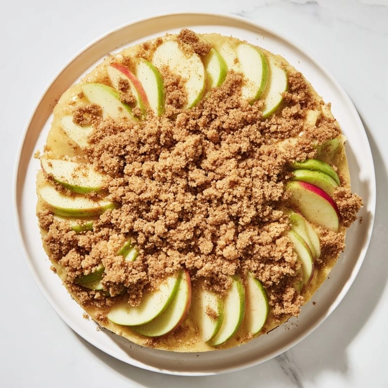 A close-up of a warm German apple cake, featuring juicy apples and buttery streusel for serving.