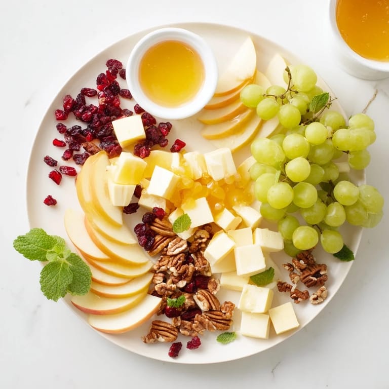 A beautifully arranged Apple Orchard Fruit Board with colorful fruits, honey, and cheese for a delicious snack.