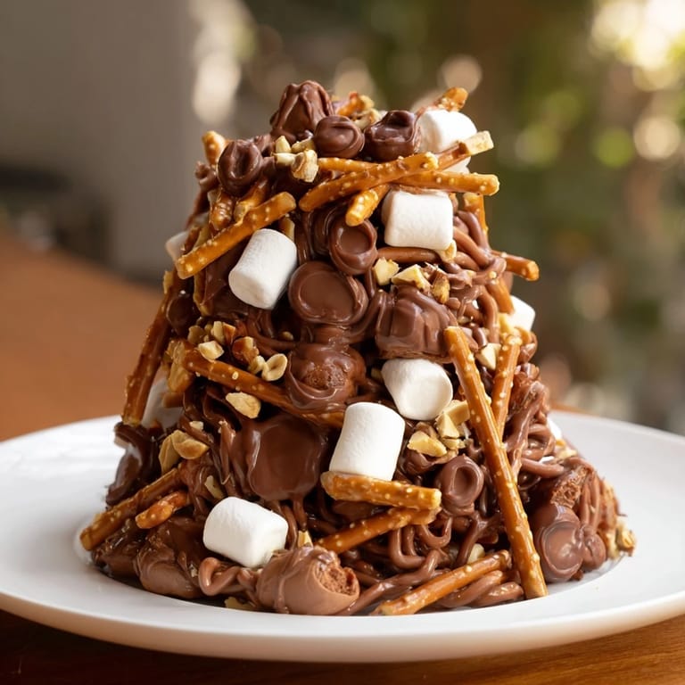 Close-up of a delightful Haystack Candy Tower: butterscotch, chocolate, and pretzels create a tasty treat.