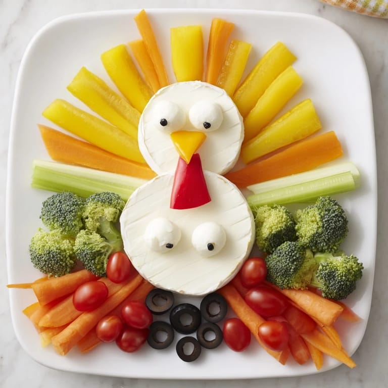 Vibrant Turkey Shaped Appetizer Tray with red pepper wattle and olives, ready to serve and enjoy.