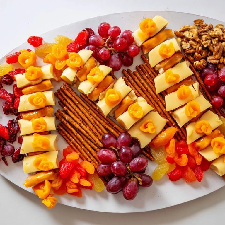 Festive Flickering Fire Log Snack Board arranged with crackers, cheeses, and gummy flames for friends.