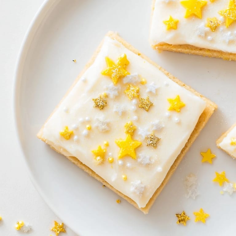 Buttery, baked Twinkle Twinkle Star Dessert Bars with creamy frosting, ready to be enjoyed for a special treat.