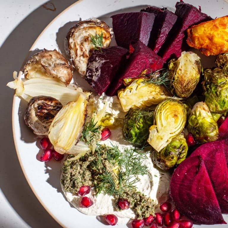 Earthy roasted vegetables and creamy labneh star on this delicious Pine Forest Winter Mezze Board.