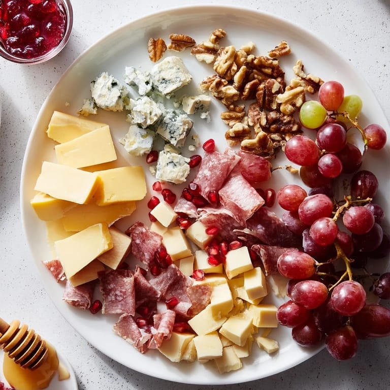 A beautiful overhead shot of a Christmas 2025 Festive Grazing Board, ready to serve with crackers and honey.