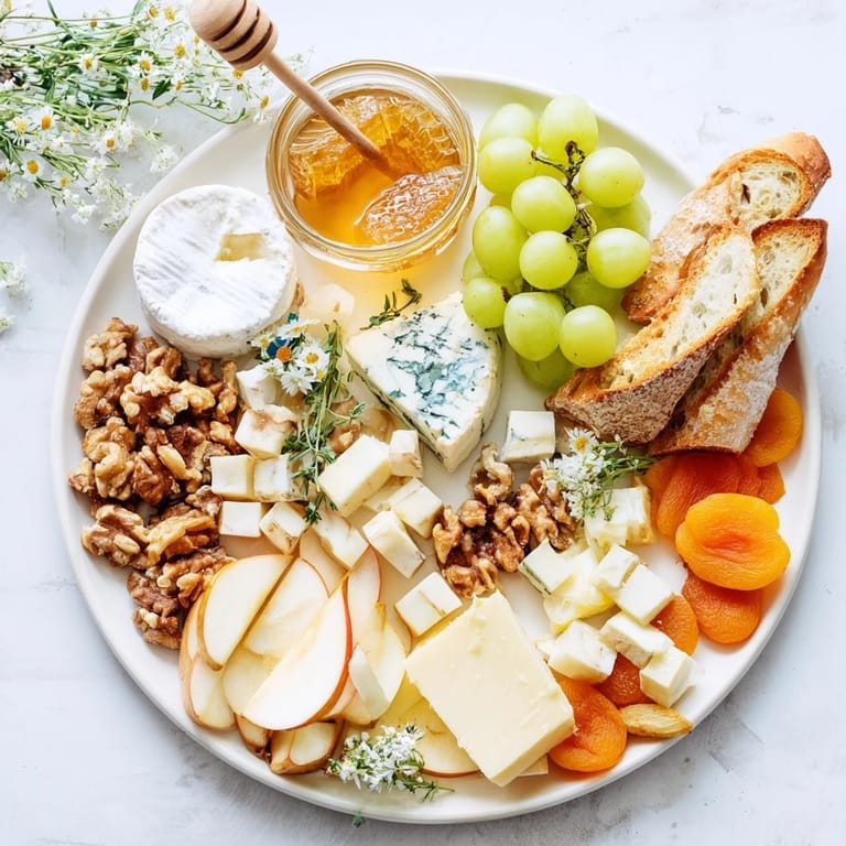A beautifully arranged Honeycomb, Honey & Cheese Board, perfect for an appetizer with various cheeses.
