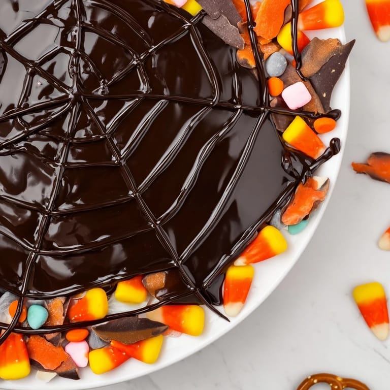 Dieser köstliche Spiderweb Candy Platter zeigt eine Auswahl an Süßigkeiten; ein Fest für Halloween.