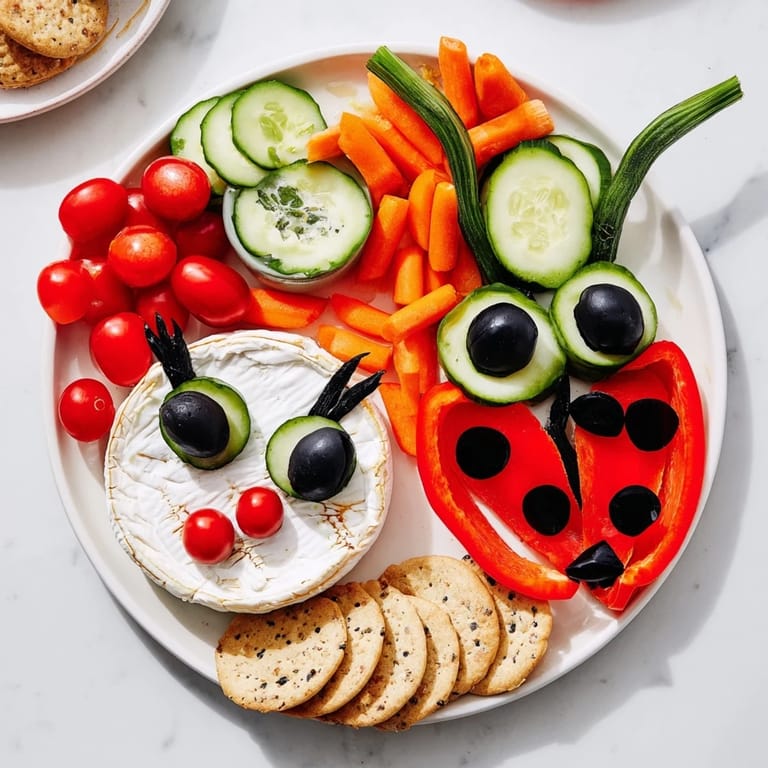 Vibrant Coccinelle Amusante Planche Pique-Nique features cherry tomatoes, cheese, and baguette for a fun picnic.