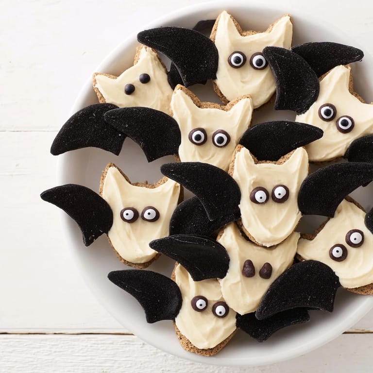 A delicious display of a Flying Bat Halloween Snack Board, with sweet cookie bats and hummus.
