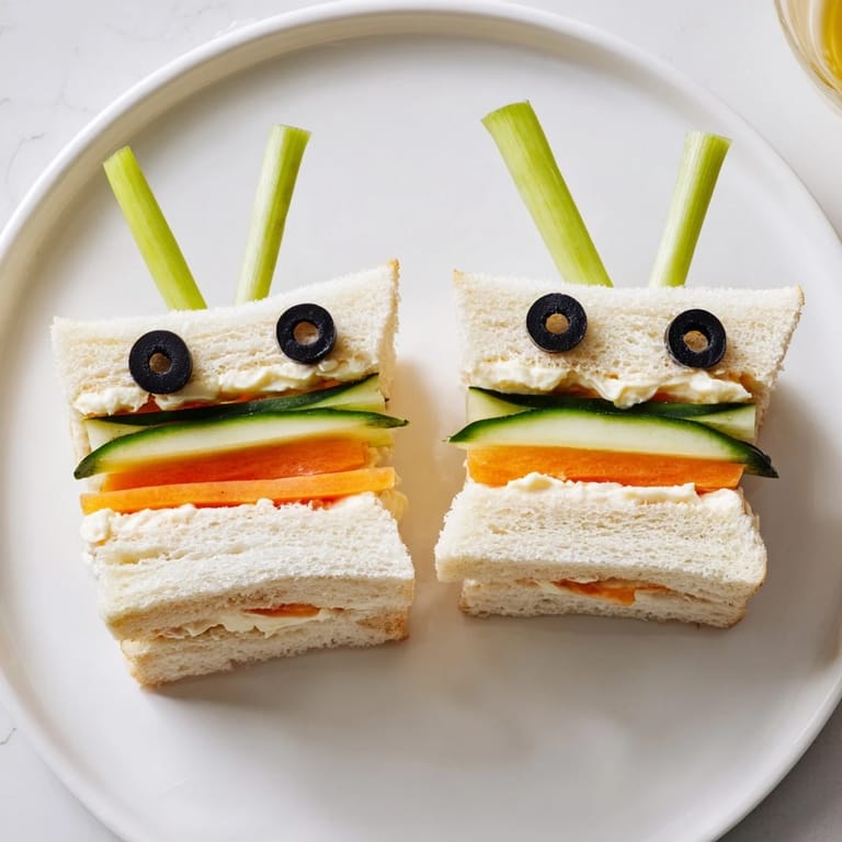 Delightful bee sandwich cutouts on a board, with olives and a veggie-filled, playful snack.