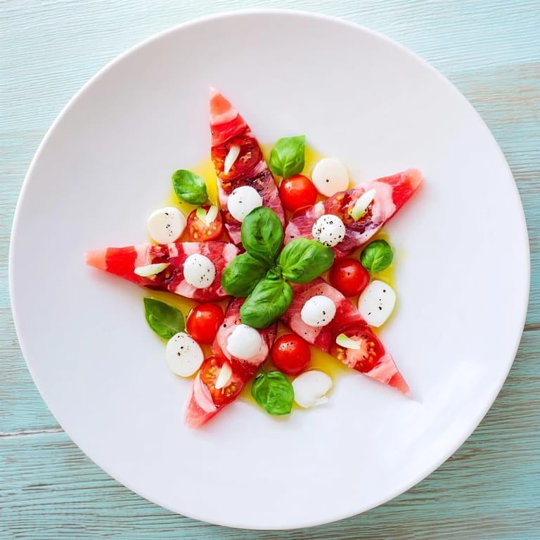 Vibrant Starfish Caprese Salad, ready to serve with fresh basil and a drizzle of olive oil.