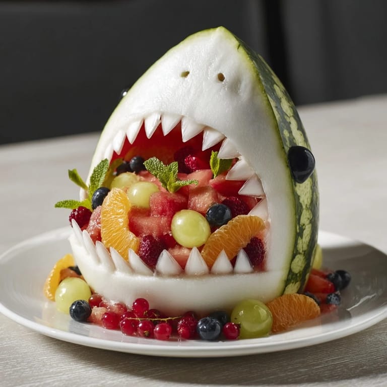 Vibrant Watermelon Shark Bite Board arrangement with grapes, berries, and melon creating a tasty snack.