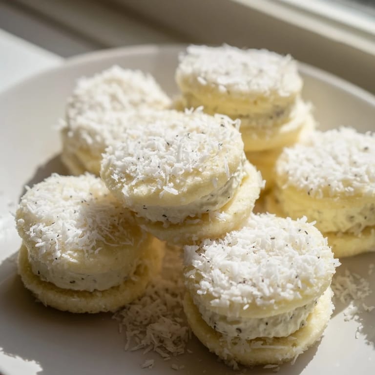Creamy filling spills from Snowball Tea Sandwich Bites, a beautiful snowy presentation for teatime appetizers.