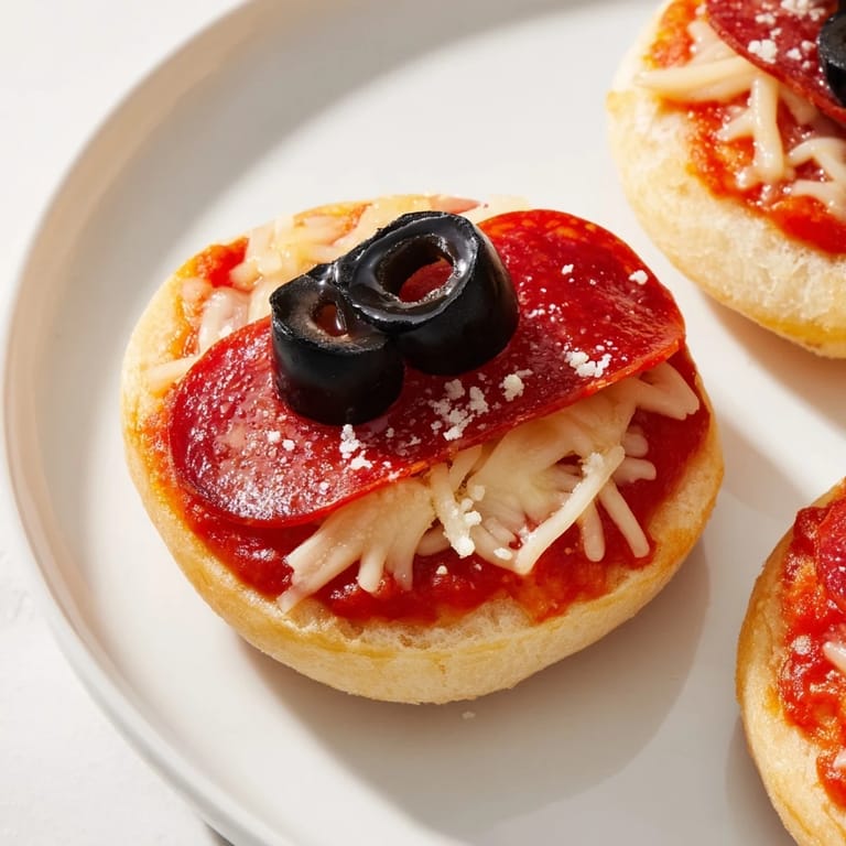 Gooey cheese covers these Santa Belt Mini Pizza Bites with pepperoni belts and olive detail, a fun appetizer.