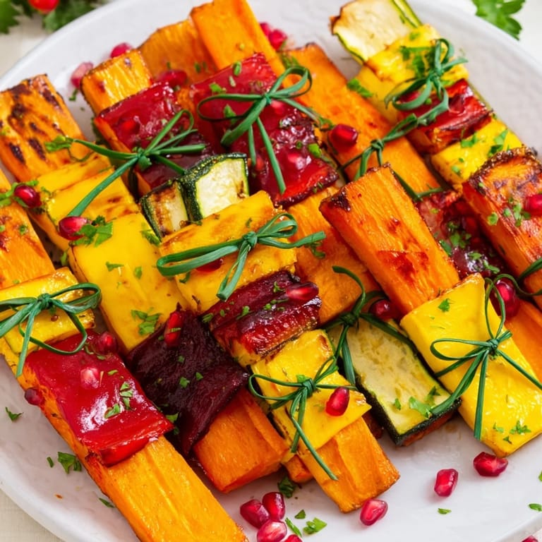 Delicious roasted Christmas Present Veggie Crates, decorated with chives and pomegranate, a holiday showstopper.