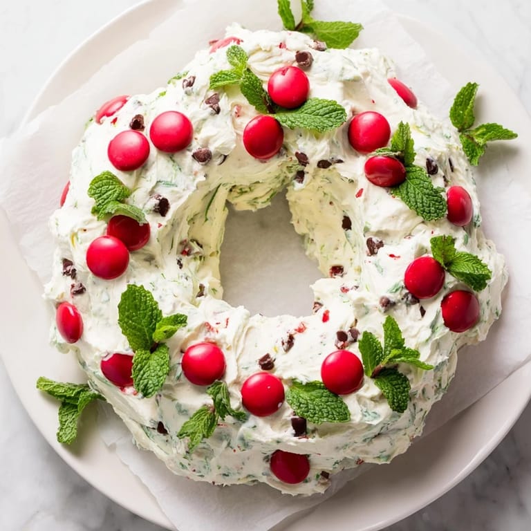 A chilled Mint Chocolate Chip Dip Wreath with chocolate chips and mint, ready to be enjoyed with cookies.
