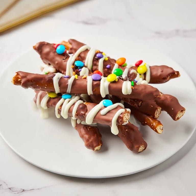 Ein Stapel köstlicher Schokoladen-Brezel-Stäbchen, besprenkelt mit weißer Schokolade und optionalen Streuseln, bereit zum Genießen.