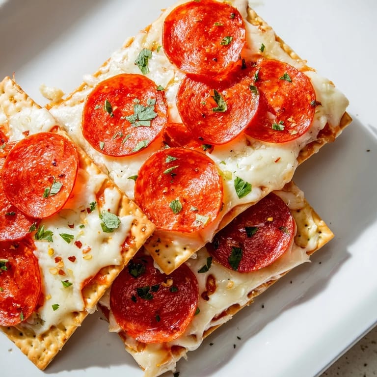 Crispy pepperoni stacked on crackers, the savory bites' melted cheese looks irresistible for snacking.