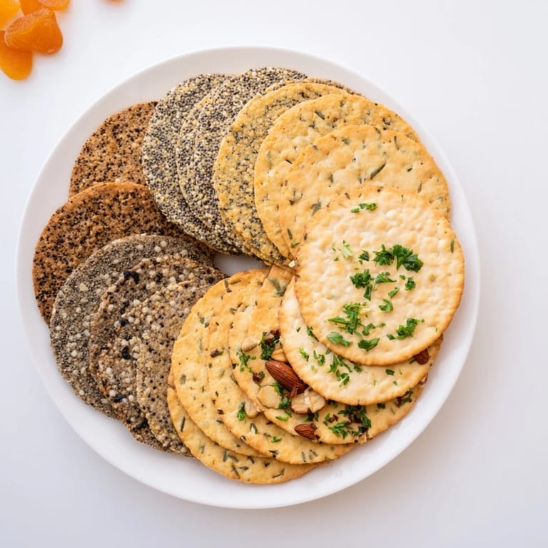 Layered fan of gourmet crackers, featuring sesame, rosemary, and whole grain crackers to enjoy.