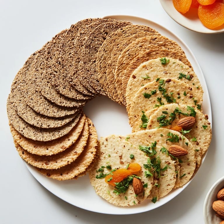 Arranged gourmet crackers, a beautiful appetizer with various textures for easy snacking.