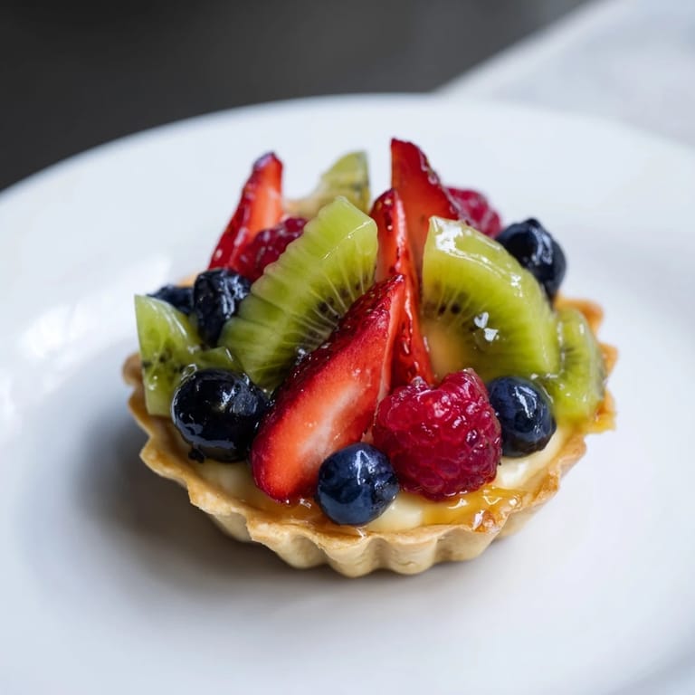 Mini Fruit Tartlets artfully arranged, showcasing vibrant sliced fruit atop creamy pastry filling, a delicious dessert idea.