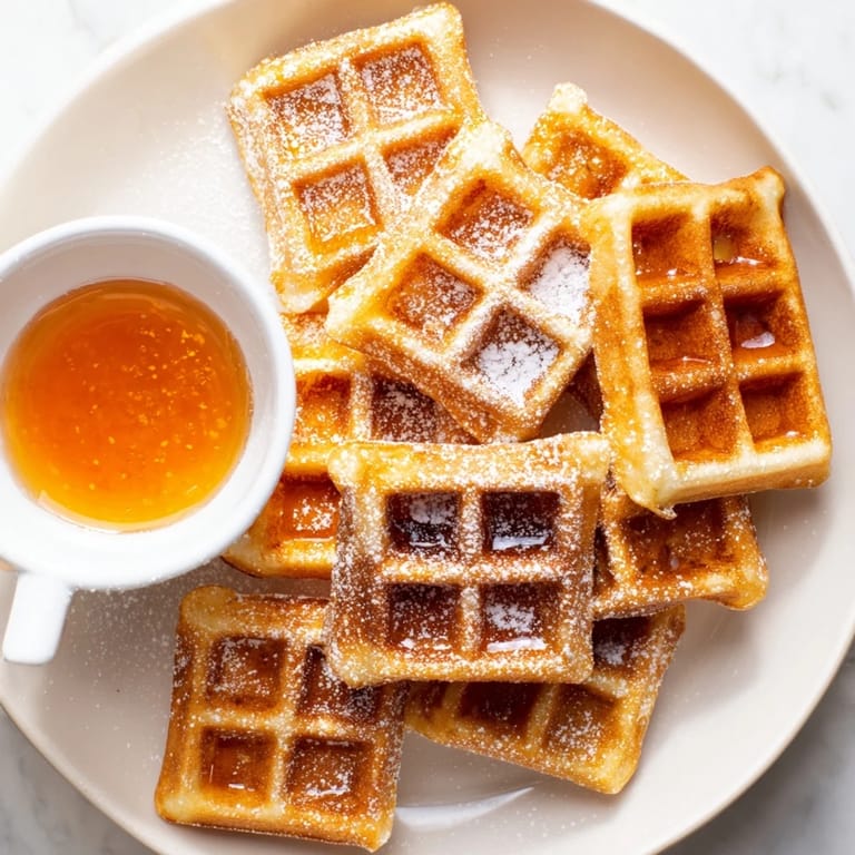 A close-up of buttery, fluffy waffle quarters with a sweet maple syrup dip, a breakfast treat.