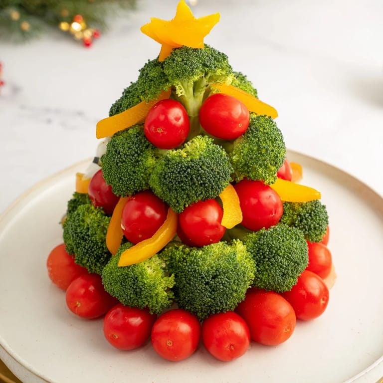 Vibrant Broccoli Tree decorated for a party, featuring juicy cherry tomatoes and bell pepper accents.