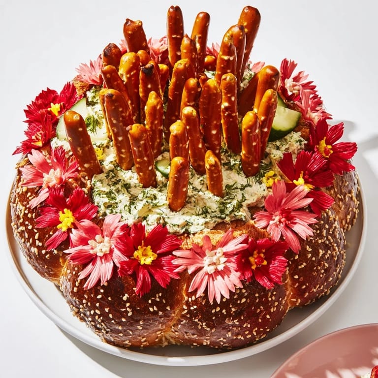 A close-up of the The Desert Cactus Bloom appetizer highlights the colorful fruit leather blossoms and savory bread.