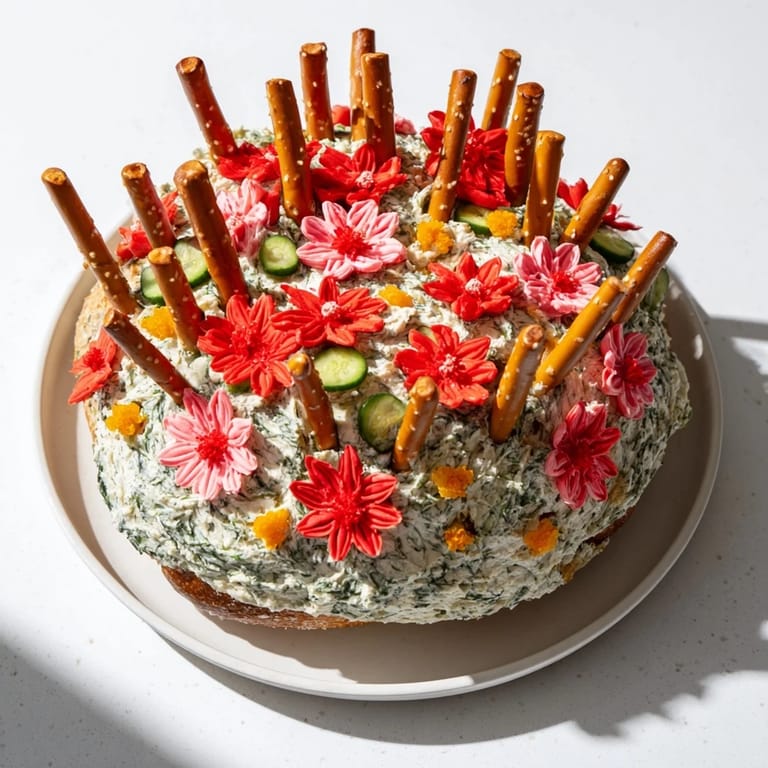 This The Desert Cactus Bloom appetizer shows a creative bread "cactus" arrangement with cucumber pads and garnish.