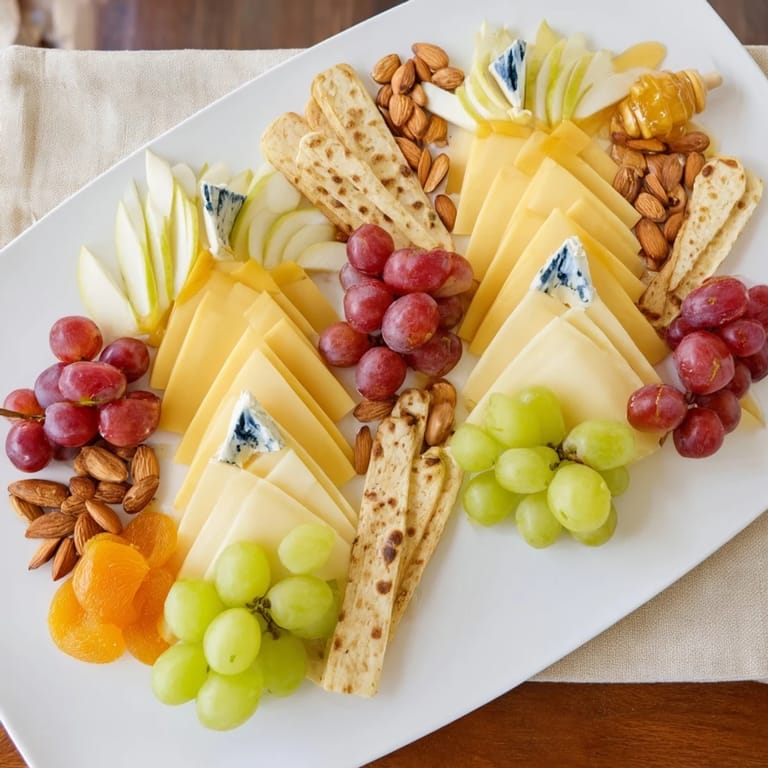 Symmetrical cheese and fruit arrangement of the Art Deco Arch Cheese Platter, ready for your guests.