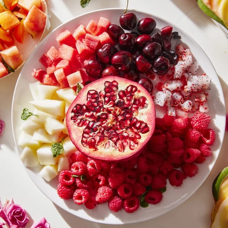 Visualize the refreshing The Pomegranate Pivot, a stunning fruit platter with a gradient of colors.