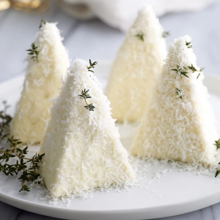 Creamy Brie "Snowcapped Range" appetizers arranged to look like mountains, ready for serving with crackers.