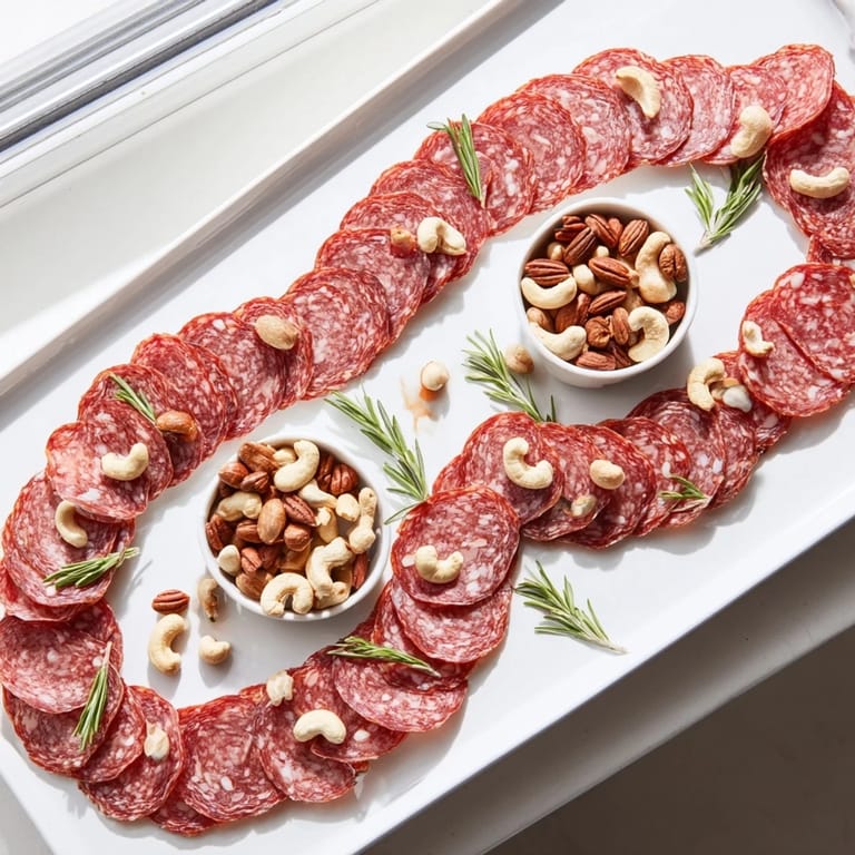 The Infinity Loop appetizer offering a delightful pairing of salty salami and crunchy mixed nuts, ready to serve.