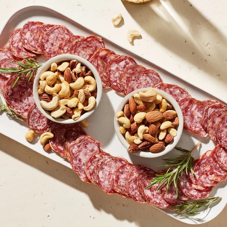 An inviting close-up photo of The Infinity Loop, showcasing delicate salami swirls and colorful nuts for guests.