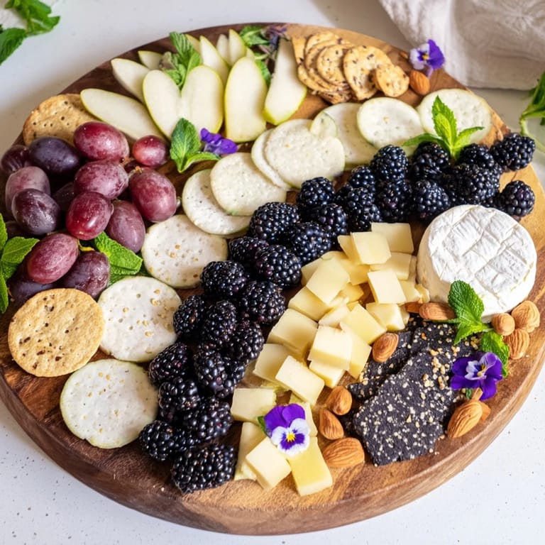 Fresh blackberries divide the elegant Yin-Yang Balance, with light cheeses, fruits, and crackers arranged artfully.
