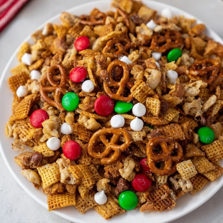 Festive Holiday Mix in a vibrant bowl, a delicious sweet and salty snack for the holidays.