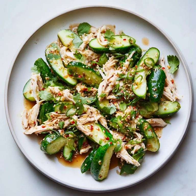 A close-up of a refreshing whole cucumber Logan salad, garnished with sesame seeds.