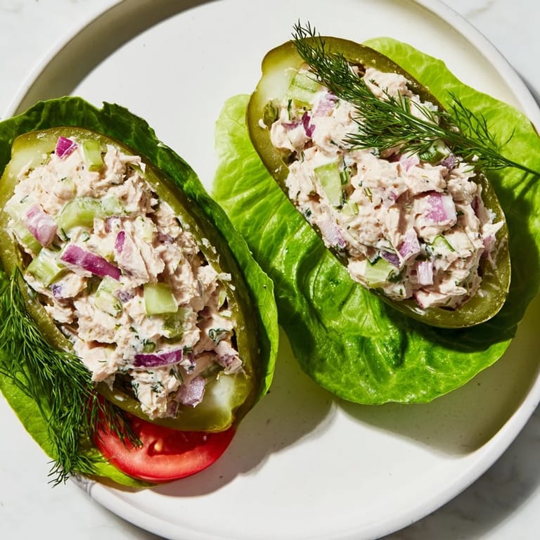Juicy pickle sandwich filled with creamy chicken salad, ready for a refreshing, flavorful bite.