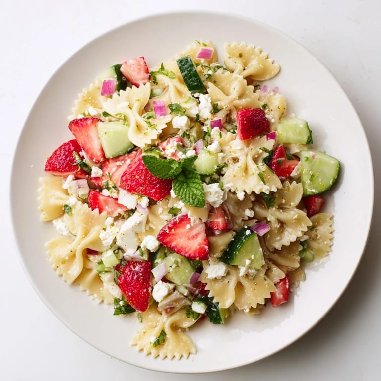 Cold and delicious Strawberry Feta Pasta salad, perfect for a summer lunch enjoyed outdoors.