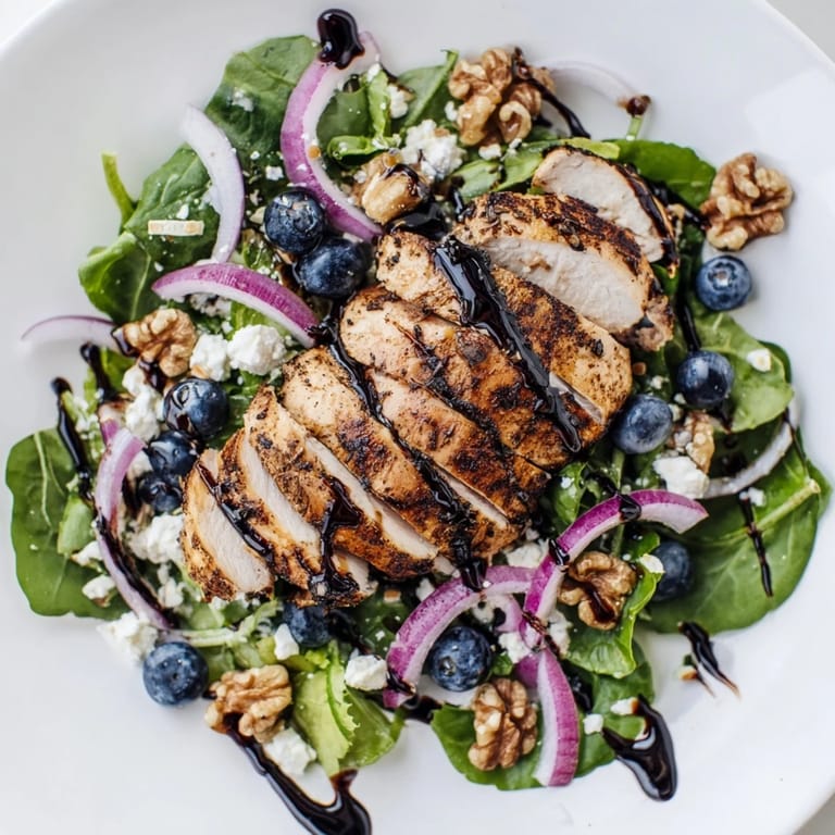 Ein Teller mit buntem Blaubeer Ziegenkäse Hühnchen Salat, perfekt für ein leichtes Mittagessen.