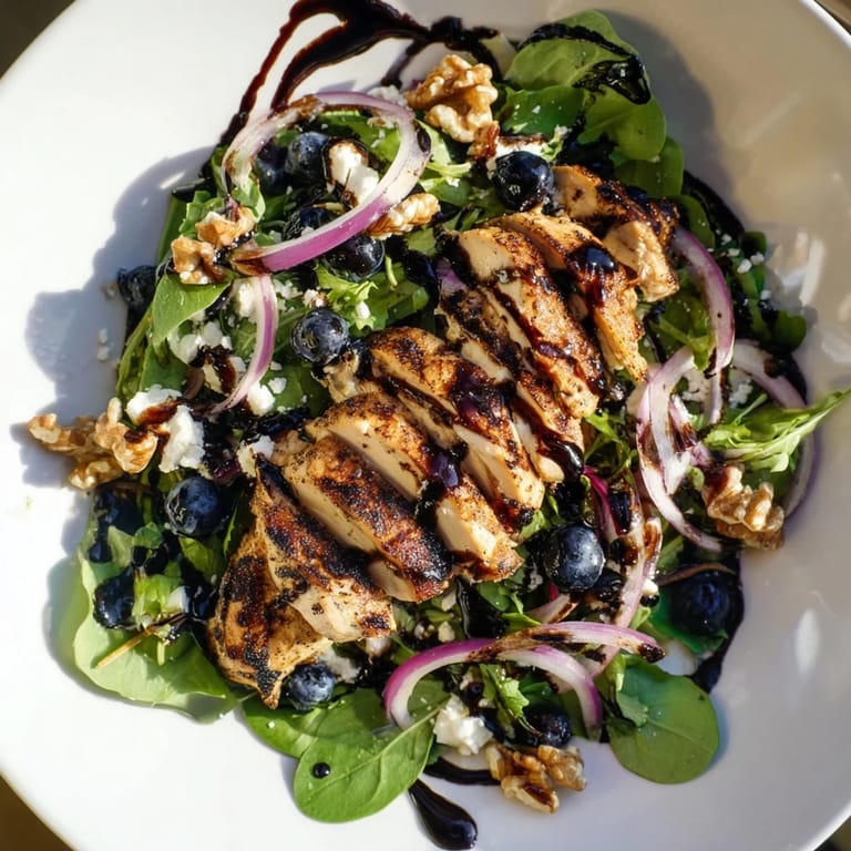 Nahaufnahme von frisch zubereitetem Blaubeer Ziegenkäse Hühnchen Salat, kurz vor dem Servieren, mit Balsamico-Glasur.