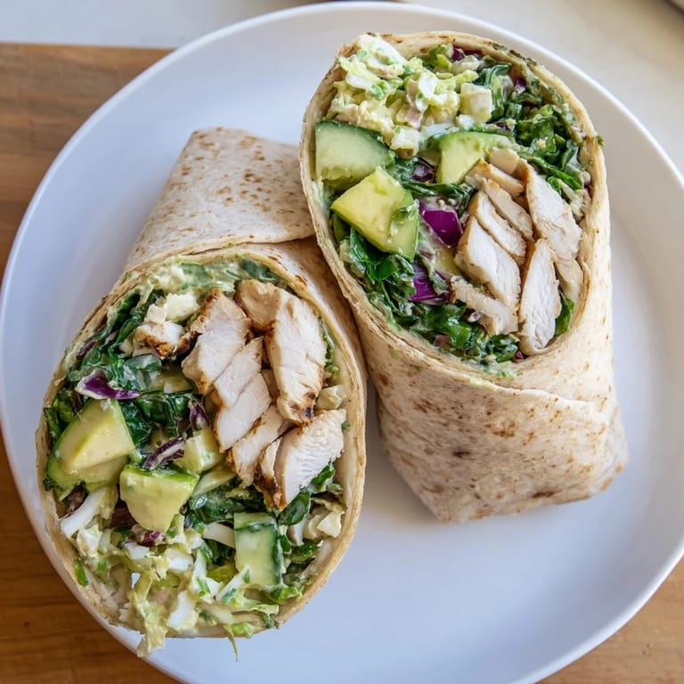 Close-up of a delicious Green Goddess Chicken Wrap layered with grilled chicken and crunchy salad.
