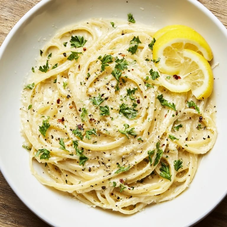 A bowl of flavorful Lemon-Garlic Greek Yogurt Pasta with bright lemon, garlic, and cheese.