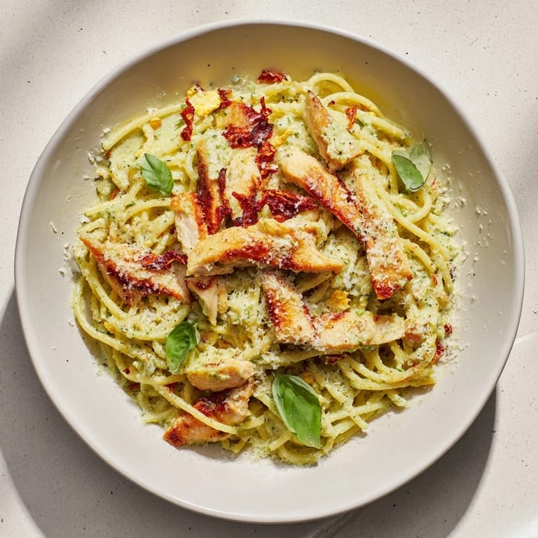 Enjoy a comforting bowl of Pesto Egg and Chicken Pasta, ready in under 35 minutes!